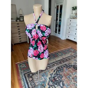 Time and Tru Black Floral Halter Tankini Top